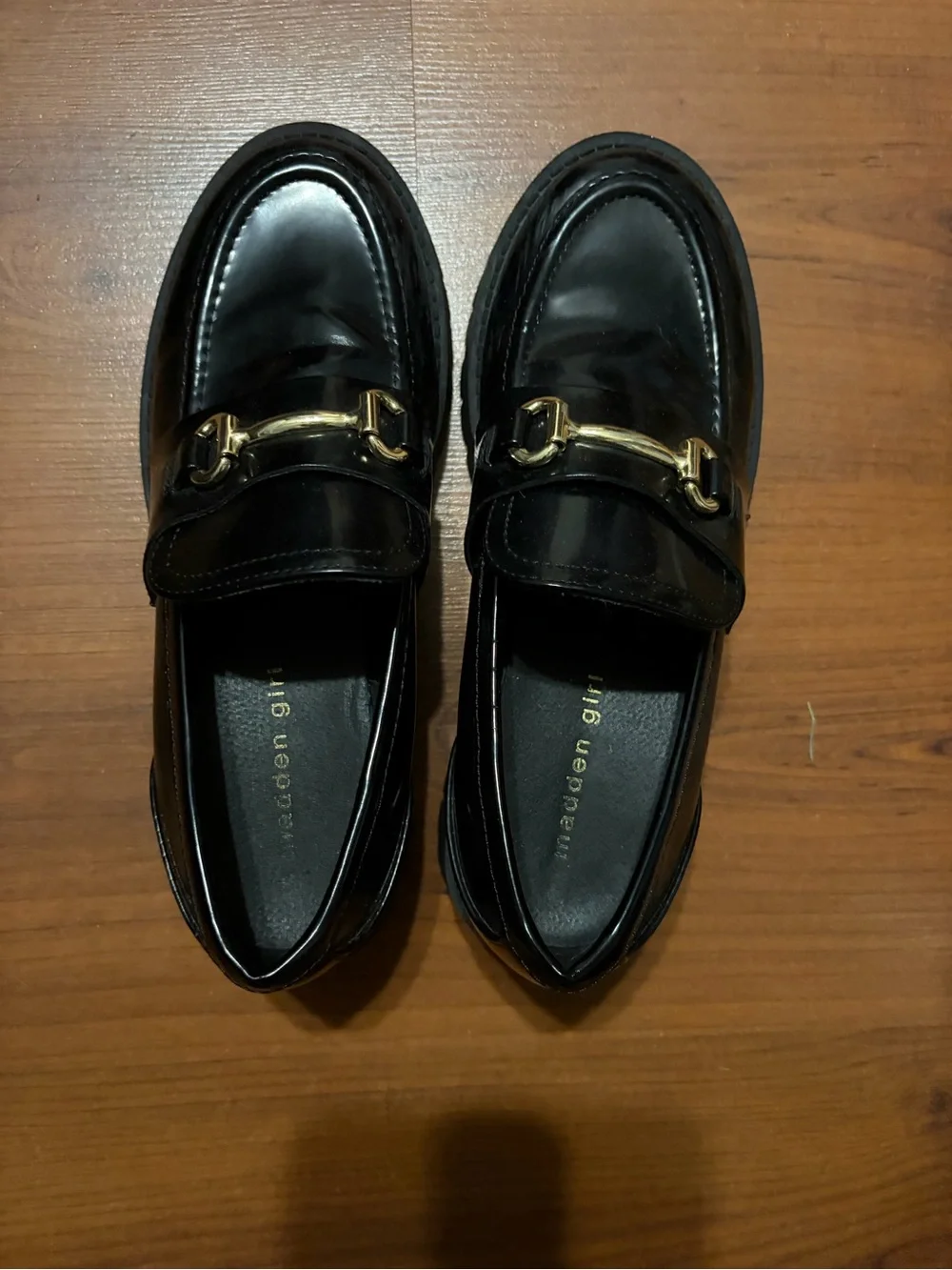 Madden Girl Black Patent Loafers with Gold Bit Detail